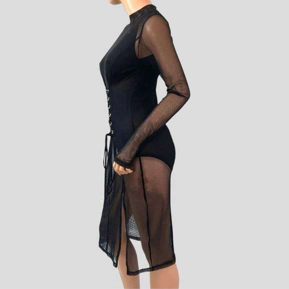 Y2K Black Sheer Mesh Corset Dress Velvet Trim Lace Up Front Fairygrunge Goth S - Picture 7 of 9